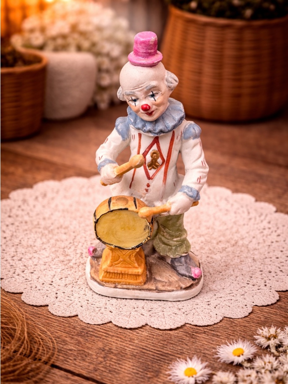 Vtg UCGC Korea Porcelain Hobo Clown Figure Drums Hand Painted Circus Collectible